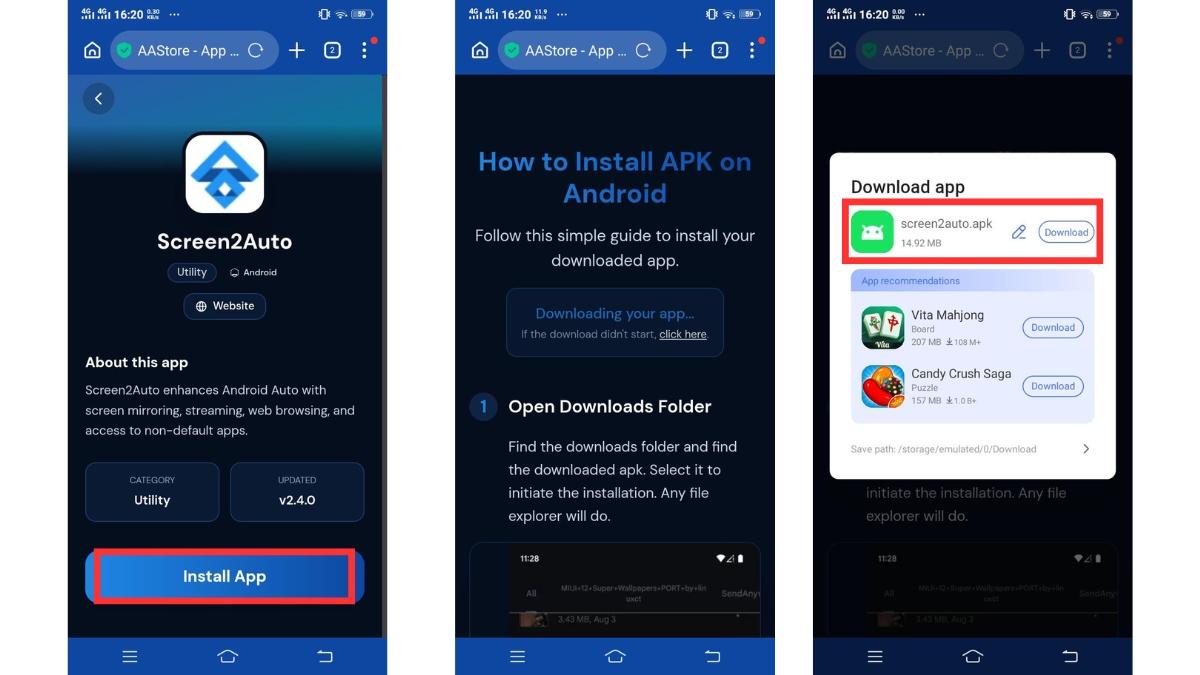 Downloading Screen2Auto APK from AAStore